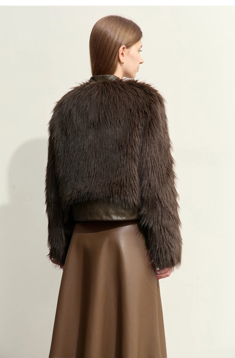 AMII 2026 Winter New Fur Jacket Solid Color Modern Warm Outerwear V-neck Imitation Fur Loose Spliced PU Top Female 12424012