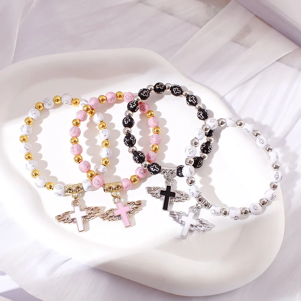 سوار مسبحة من خرز الأكريليك المتقاطع مع قلادة ملاك مطلية بالذهب - هدية معمودية دينية مجوهرات مصنوعة يدويًا (قابلة للتعديل) #4