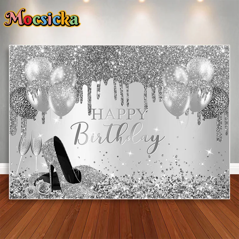 

Mocsicka Happy Birthday Backdrop Balloon Shiny High Heels Woman Birthday Photography Background Champagne Rose Party Banner