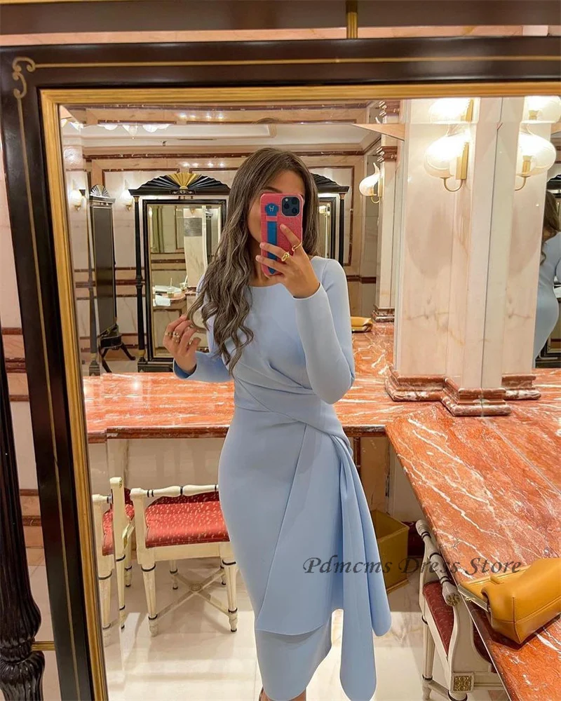 Vintage Sky Blue Elegant Prom Dresses Satin O Neck Long Sleeves Mermaid Evening Dress Vestido De Noche Abendkleider Dubai 2024