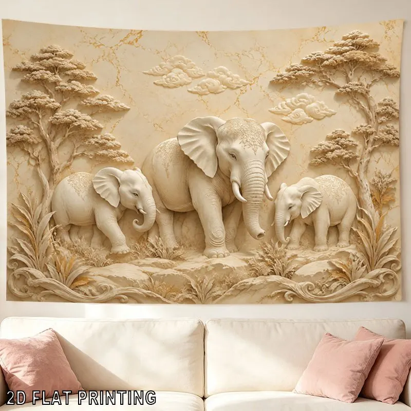 Large Elephant Family Tapestry Wall Hanging Neutral Beige Boho Tropical Jungle Safari Nature Art Decor Polyester Indoor Wall Dec