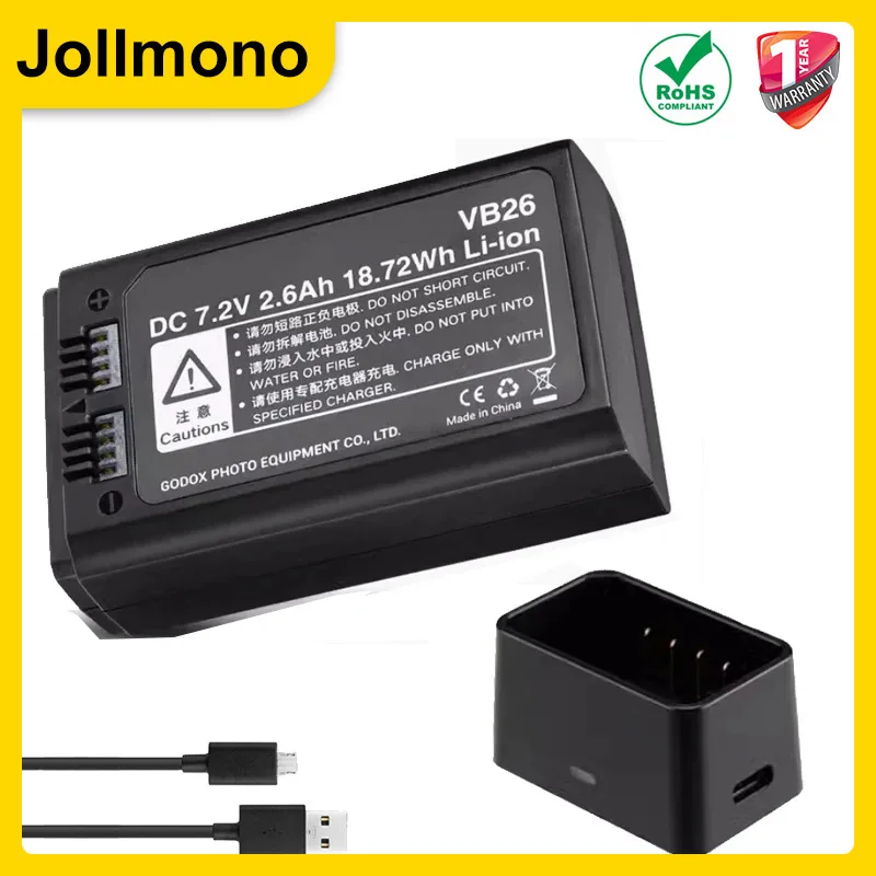 VC26 VB26 VB26A DC 2600mAh 18.76Wh USB Replacement Li-ion Battery Charger for Godox V860III V1S /C /N/F/O/P V860III N/C/S/F/O/P