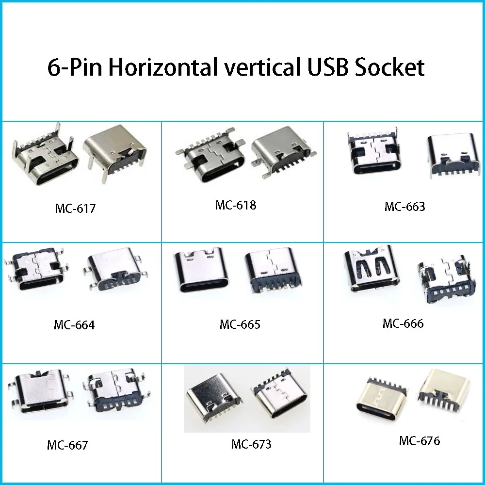 10Pcs USB Connector Type C Female Charging Port Jack 6 Pin Type-C Socket PCB Soldering SMD SMT DIY DIP Repair Type C Adapter