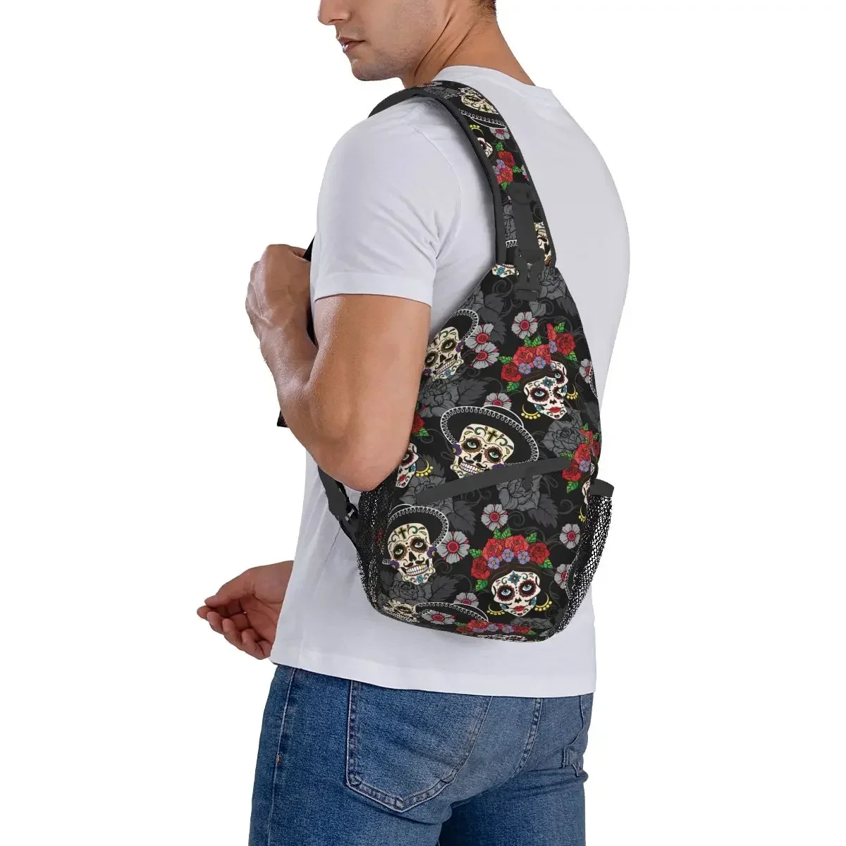 Day Of The Dead Halloween Crossbody Sling Bags Small Chest Bag Sugar Skull Rose Shoulder Backpack Daypack Hiking Cycling Satchel