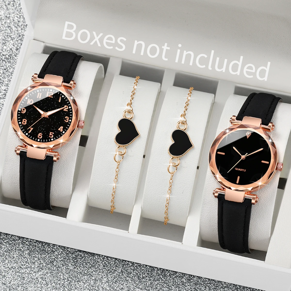 4pcs/Set Women Ladies Black Leather Strap Quartz Watch with Heat-shaped Bracelets