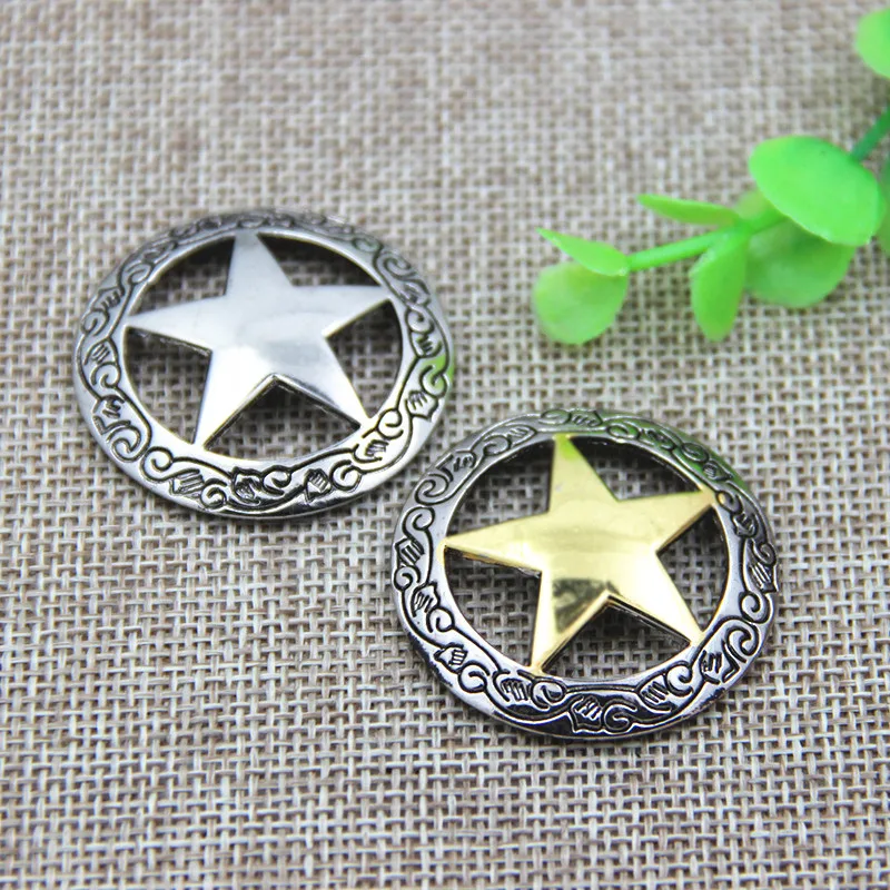 5PCS 37mm Silver Carved Gold Round Hollowed Star Conchos Metal Leather Goods DIY Decorative Accessories