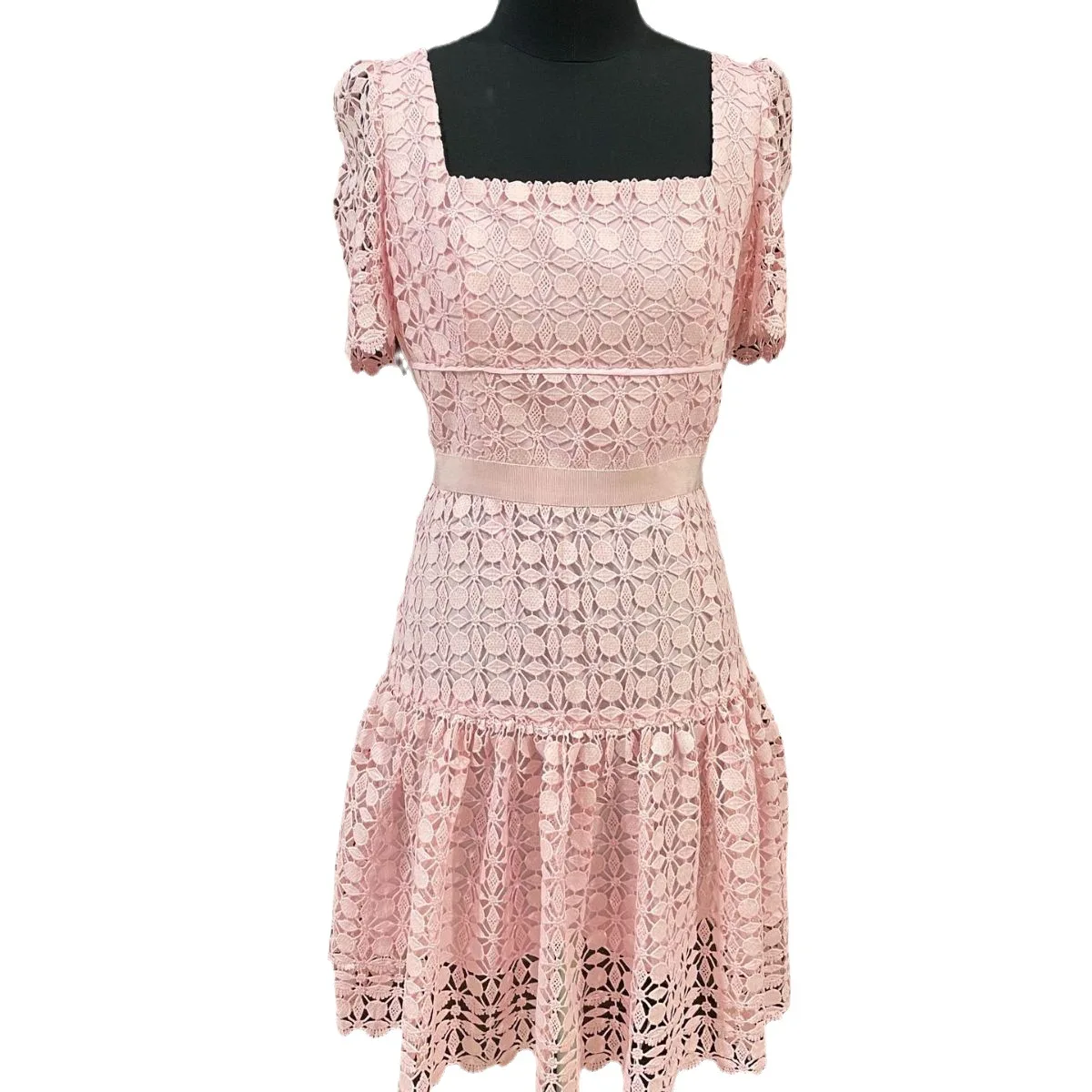 

New Spring/Summer Luxury French Pink Square Neck Bubble Sleeve Water Soluble Lace Sweet Short Sleeve Dress Women