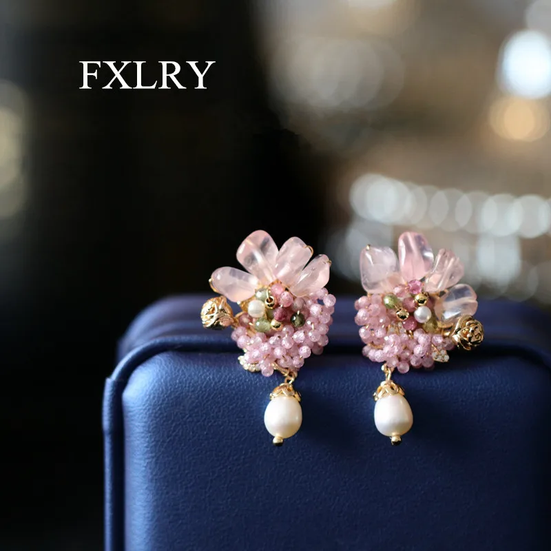 FXLRY Original Handmade Natural Freshwater Pearl Pink crystal lovely and sweet Stud Earrings For Gril To Gift