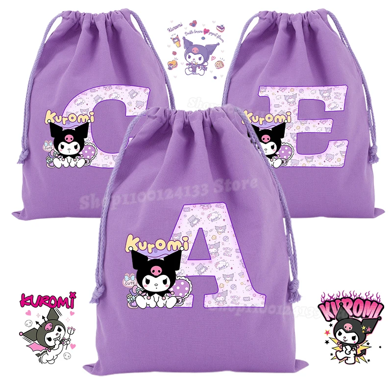 

Cute Kuromi Girl's Drawstring Bag Sanrio Anime Letters A-Z Canvas Print Sport Kawaii Portable Kids Party Hand Pocket Gift Pouch