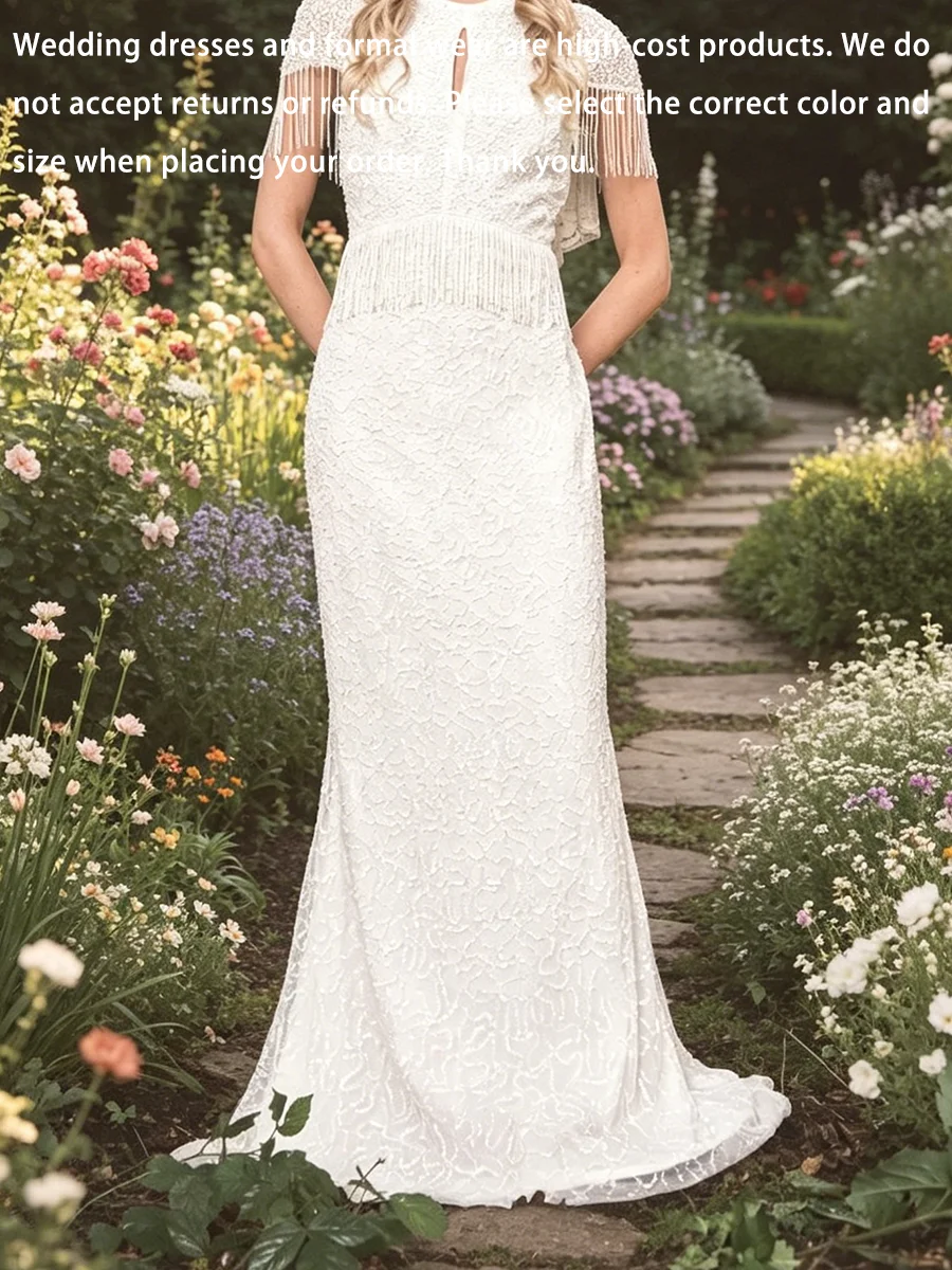 Elegant O-Neck Short Sleeve Modern Tassel Straight Bride Wedding Dresses Bridal Gowns Customized
