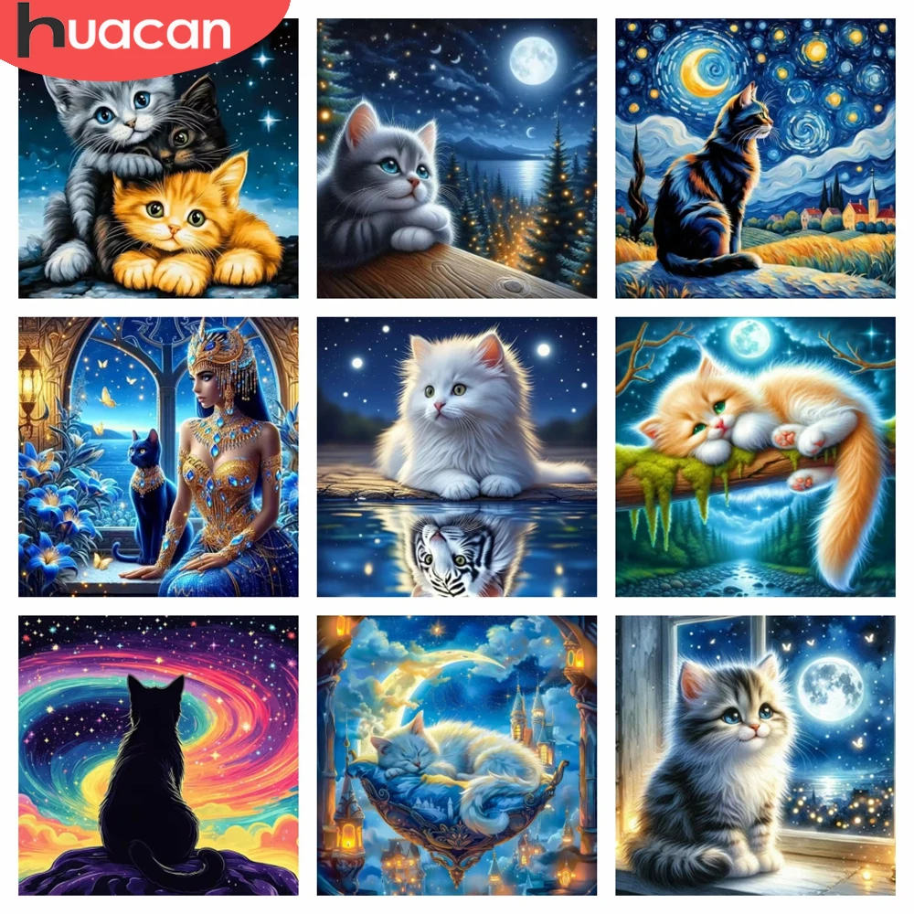 HUACAN Diamantmalerei Katze Tier Sternenhimmel Vollquadratisch Rund Diamantmosaik Fantasie Heimdekoration Strass Handgefertigt