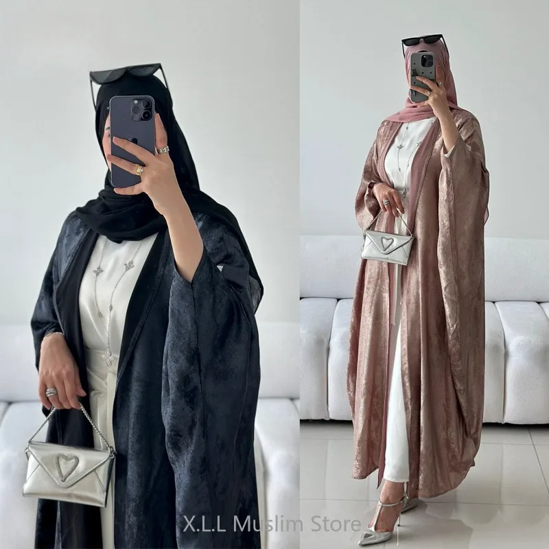 Opened Abaya Muslim Dress Shiny Batwing Satin Kimono Kebaya Kaftan Dubai 2024 Luxury Women\'s Prayer Garment Clothing Femme