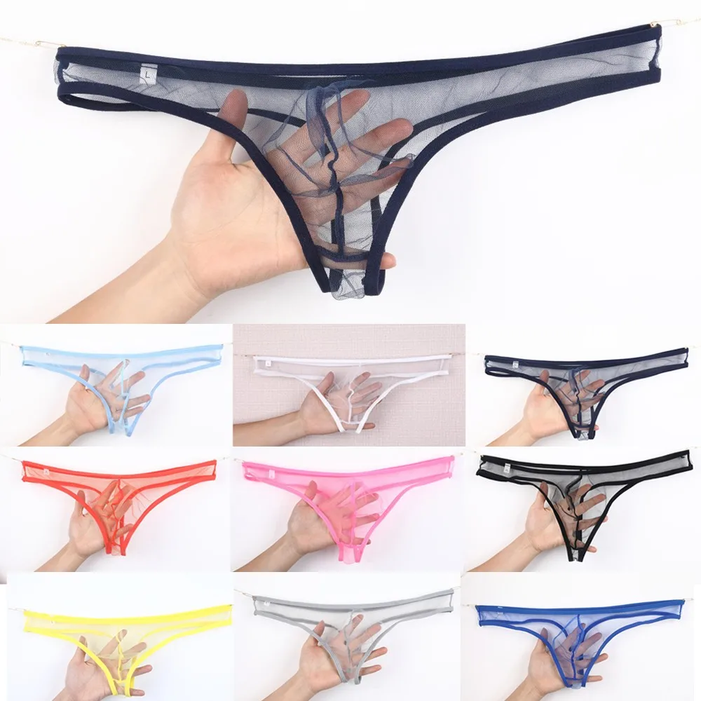 Men See Through Pouch Thong Underwear Sexy Low Waist Fine Mesh Breathable Underpant Large Size Panties