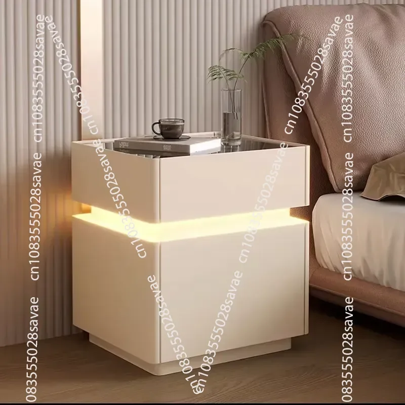 Bedside Table Fashion Trend, Modern Simple Solid Wood Leather Bedside Table, Smart Bedside Table with Fingerprint Lock