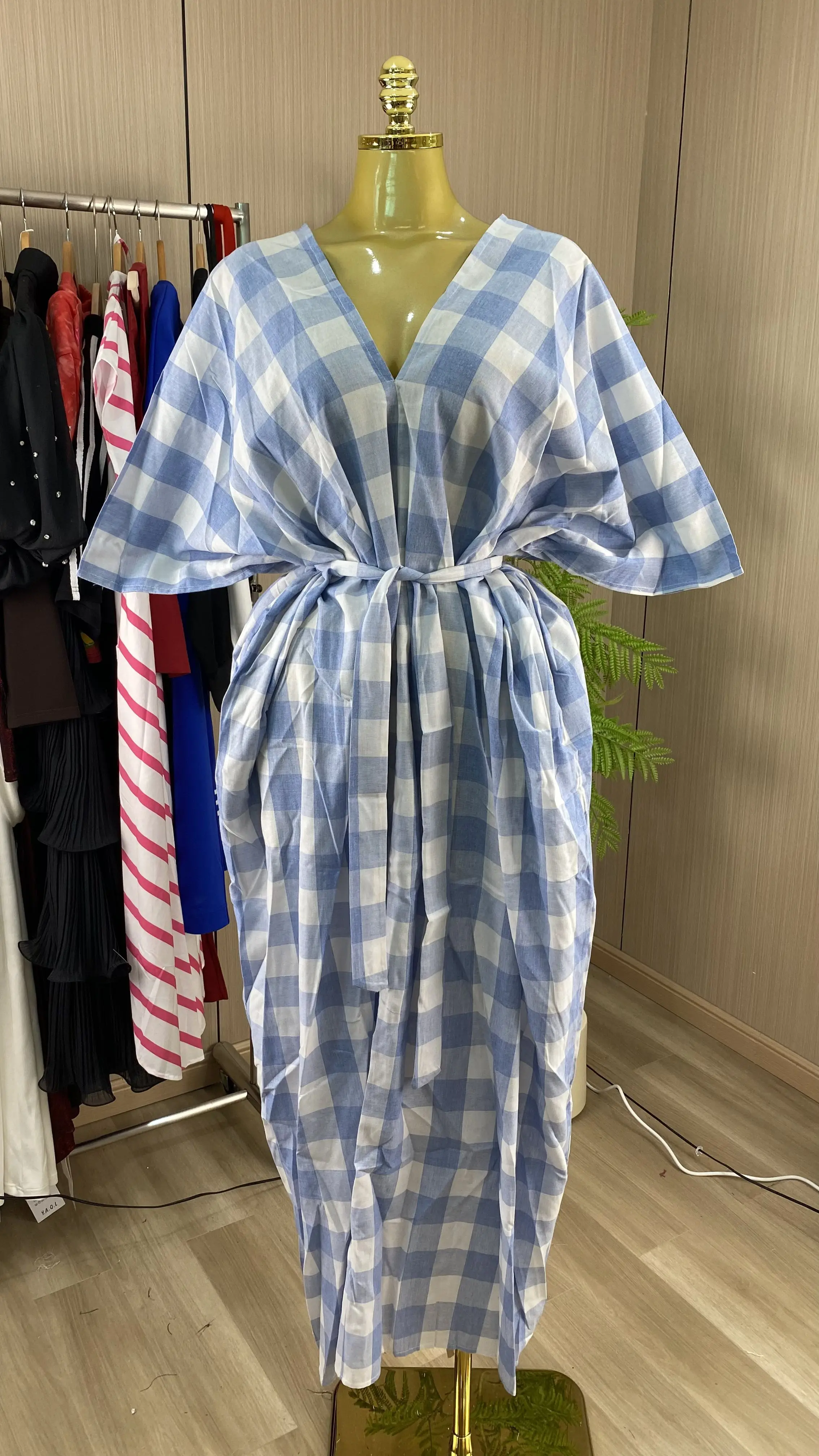 Women's New Summer 2026 African-Style Kaftan: Loose Red Plaid Maxi Dress with Batwing Sleeves and V-Neck-GZXX939