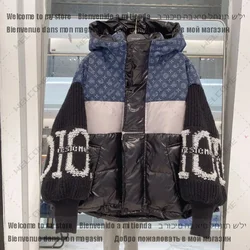 New trendy brand denim patchwork hooded down jacket for women's knitted sleeves, letter flower thickened white duck down jacket