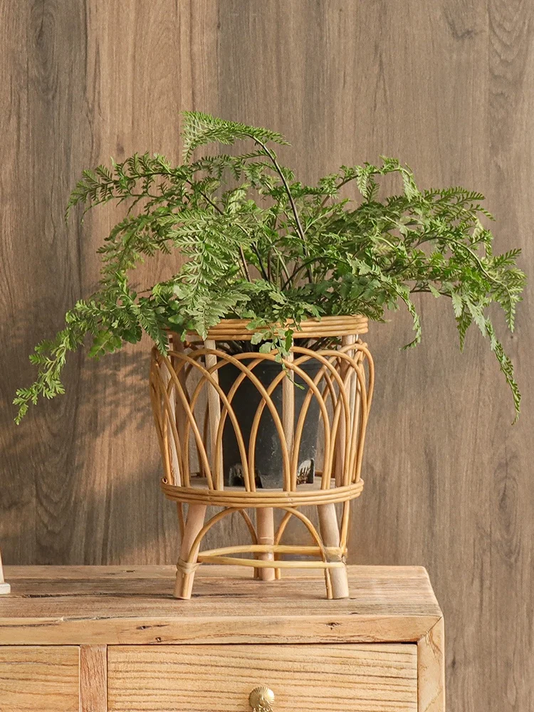 Pot Tanaman Berdiri dari Rotan Plastik Anyaman Sederhana Nordik, Keranjang Dekorasi Rumah Ruang Tamu, Ornamen Balkon Taman