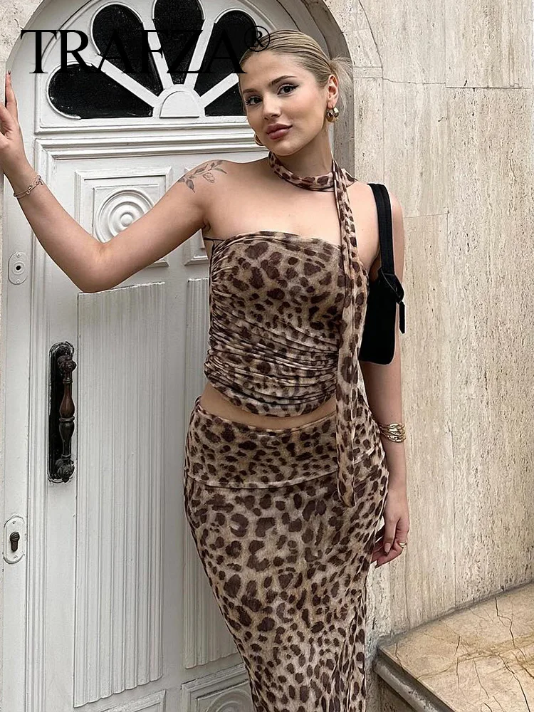 TRAFZA Summer Woman Leopard Print Skirt Sets Vintage Off Shoulder Slim Crop Tube Top Female Elegant High Waist Pencil Midi Skirt