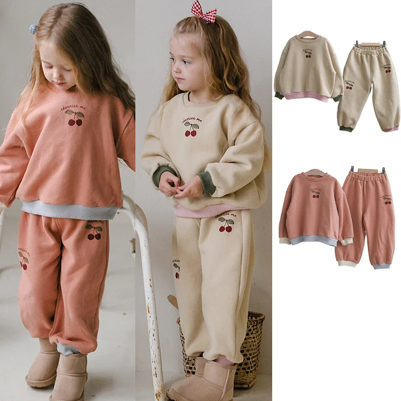 

Kids' Sweatshirt Set 2025 Winter New Arrival Printed Fashion Pink Fleece-Lined Warm Girls' Hoodie Thickened Casual Sweatpants