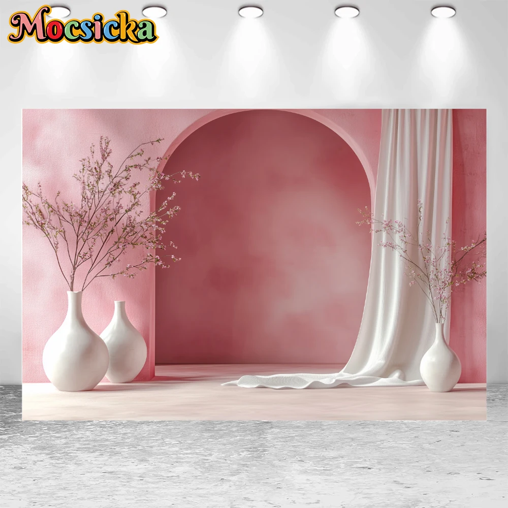 Mocsicka Pink Wall Arch White Curtains Floral Floor Vase Surreal Minimalist Octane Render 3D Lighting Photography Background