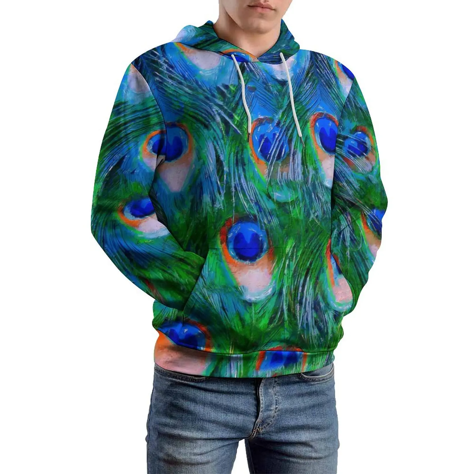 Peacock Feathers Art Casual Hoodies Man Animal Print Cute Pattern Sweatshirts Autumn Long Sleeve Classic Oversize Hoodie