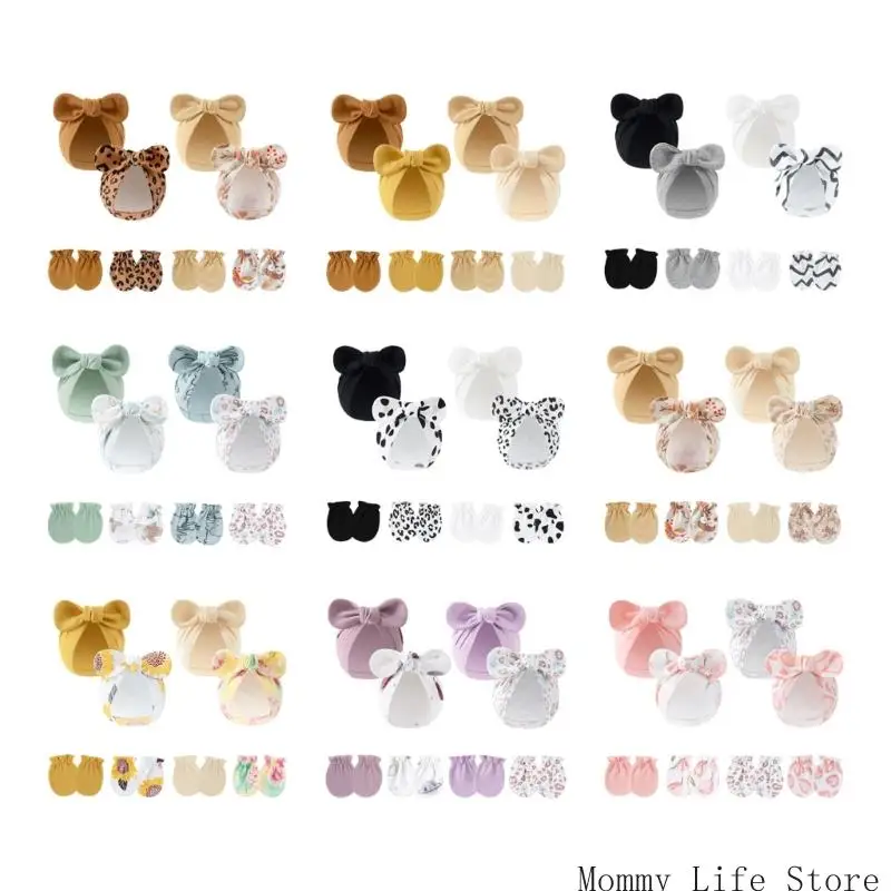 

Newborns Baby Anti Scratch Mittens and Hospital Hat with Elastic Feature 4 Set