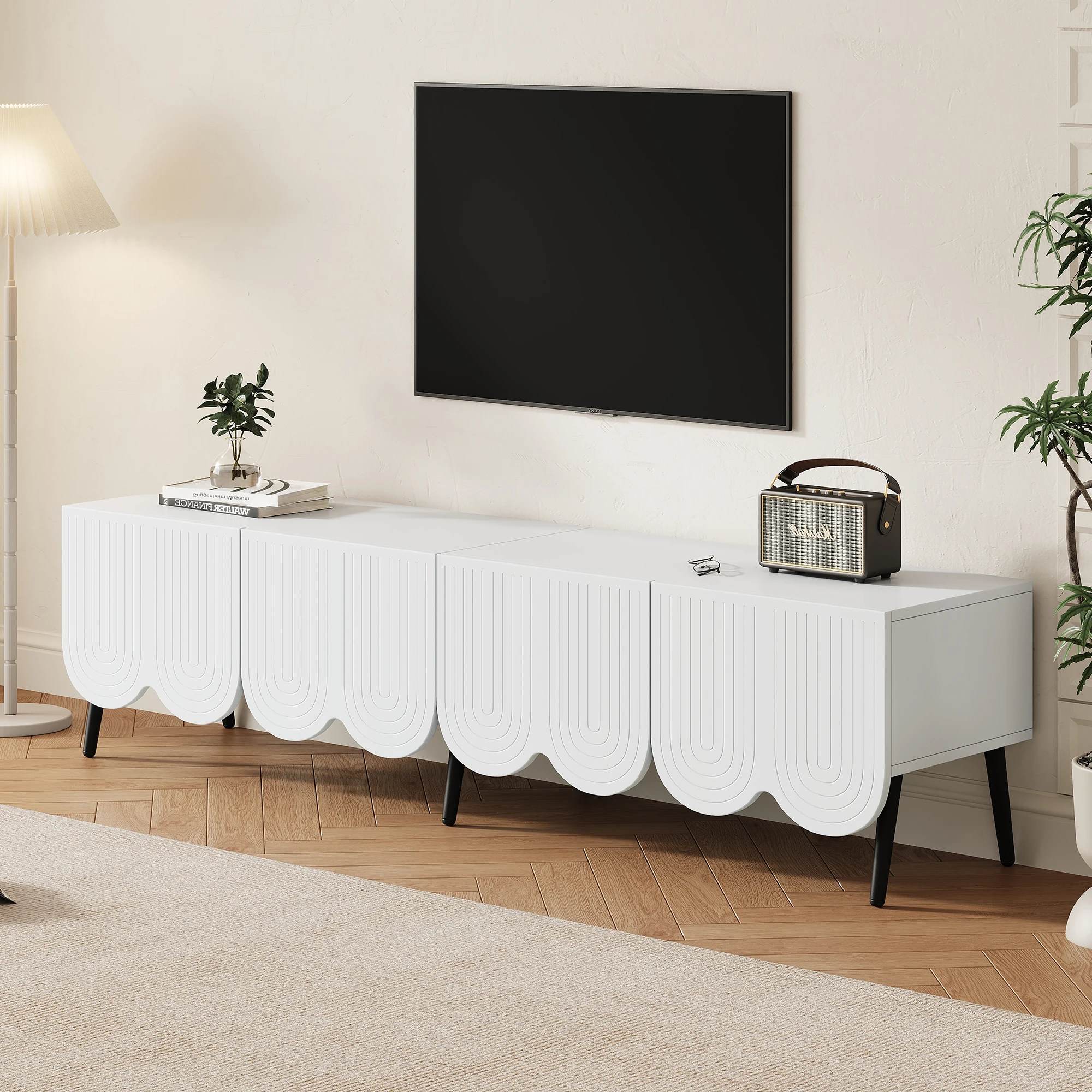 Modern TV wardrobe in White with Unique Pattern-180x40x45 cm For television to 80 inches Two Doors and Cable Management