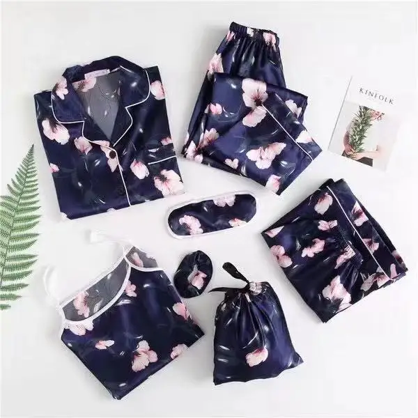 Print Flower Pajamas Seven Piece Set Spring Summer Lounge Wear Female Sleepwear Trouser Suits Loose Casual Satin Home Clothes