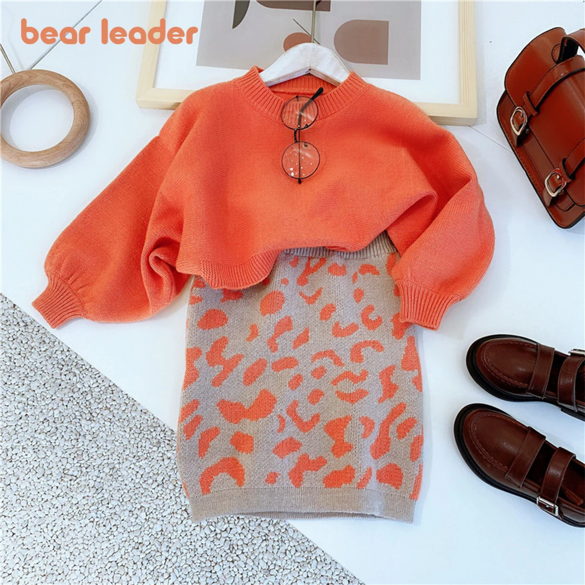 Bear Leader Girls\' Clothing Set Spring and Autumn New Fashion Children\'s Sweater Top Paired with Skirt Fashion Set 2 Piece Set