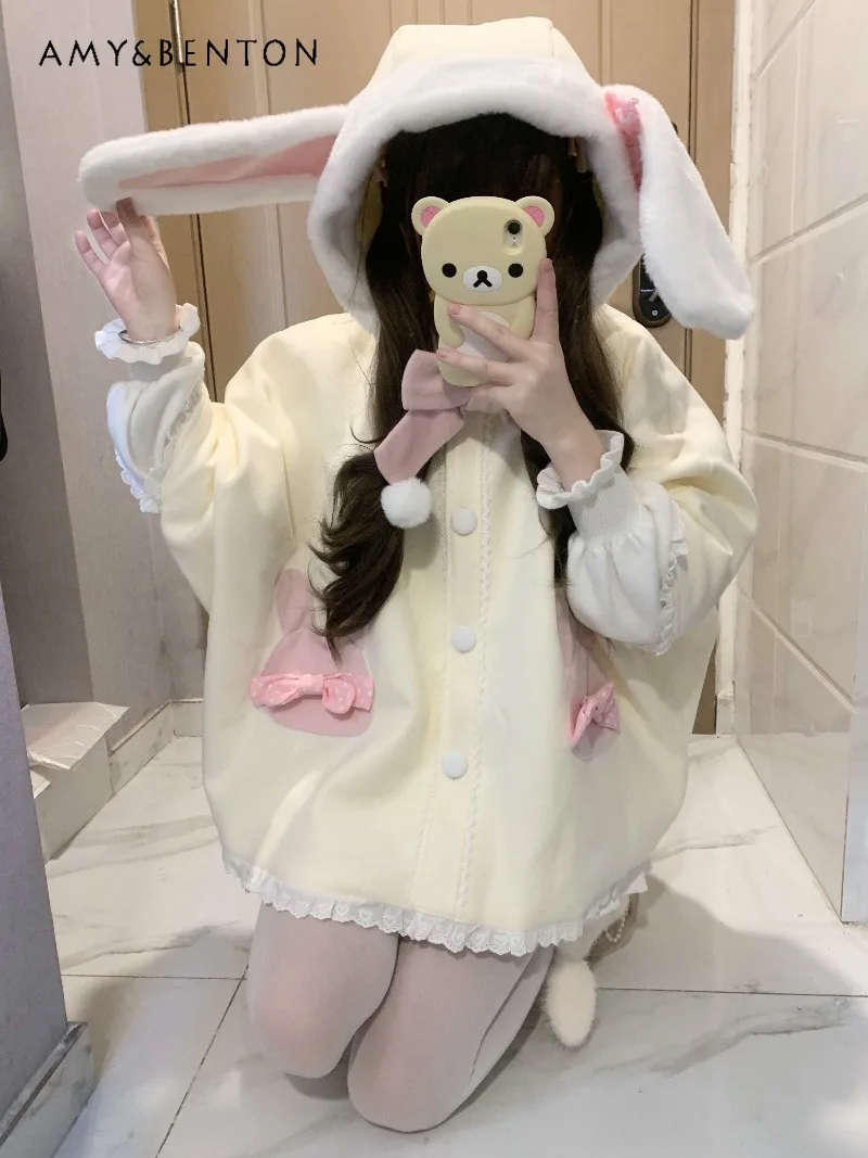 

Rabbit Ear Plush Hooded Cute Bow Woolen Cape Coat Autumn Winter New Japanese Sweet Kawaii Lace Patchwork Loose Wool Coat Women