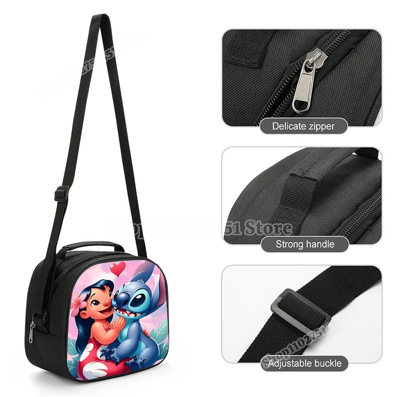 Lilo & Stitch Shoulder Lunch Bag Leakproof Cooler Tote Handbag Portable Thermal Food Bento Picnic Box Adjustable Shoulder Strap