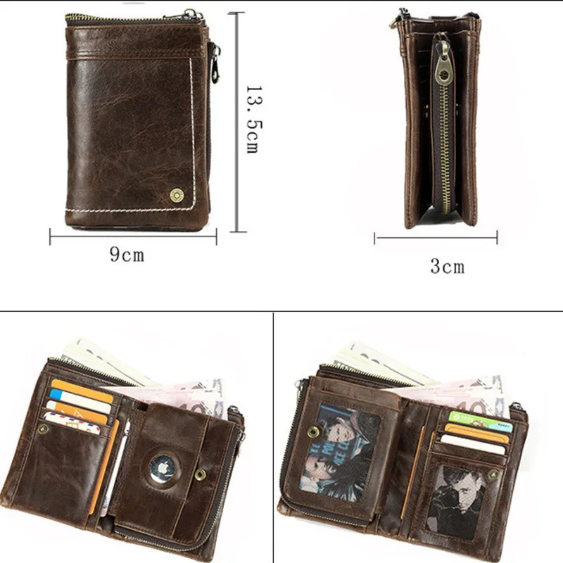 Head Layer Cowhide Anti Theft Brush Multi Functional Airtag Tracker Position Men's Leather Wallet Men Wallets Coin Purses Holder