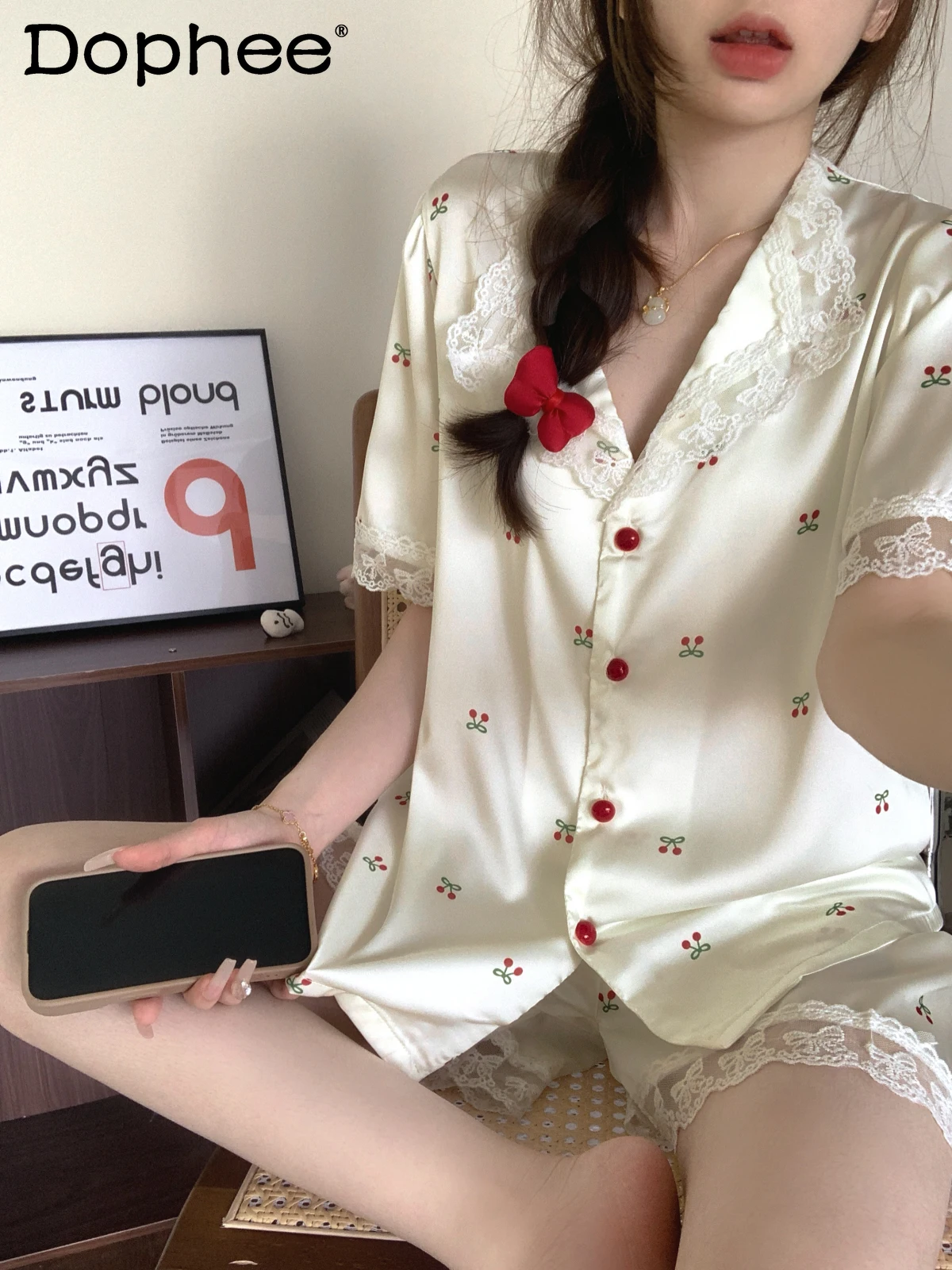 2025 Summer New Japanese Ins Ice Silk Short-sleeved Pajamas Sweet Girl Casual Comfortable Cool Loungewear Set
