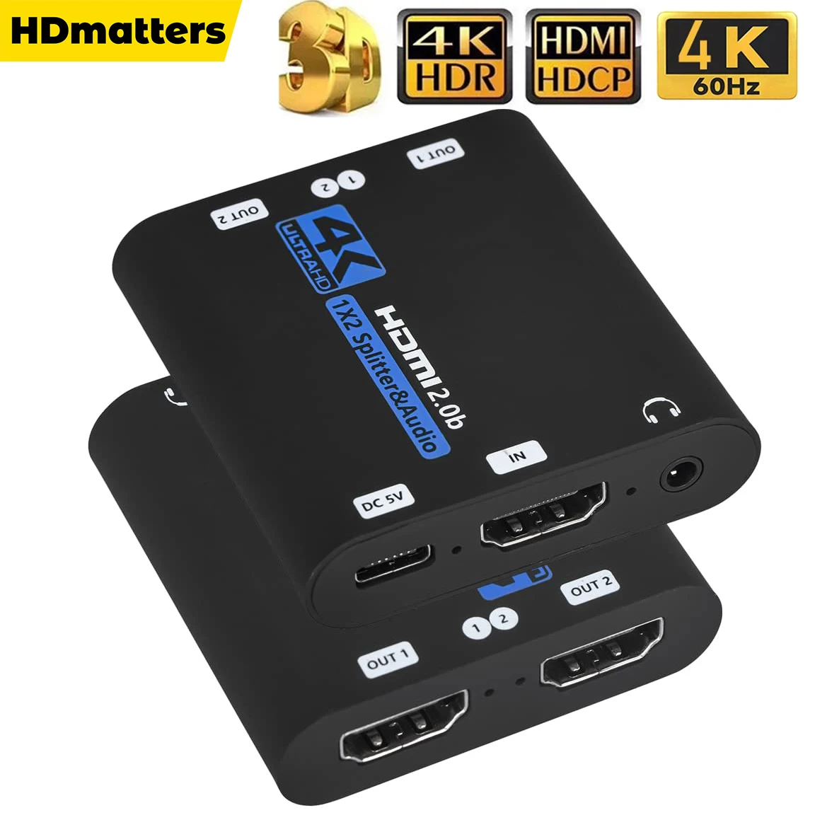 HDMI Splitter 1x2 with Audio Extractor HDR 4K 60Hz 1 in 2 out Audio Video Distributor Box HDMI 2.0b HDCP 2.2 for PS4 Xbox STB