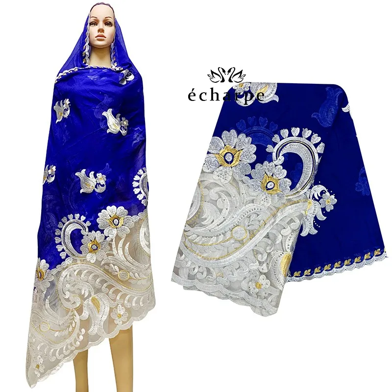 

New African Women Dubai Scarf Embroidery Cotton splicing with Net Women Hijab Scarf Big Size Pashmina Scarf EC921