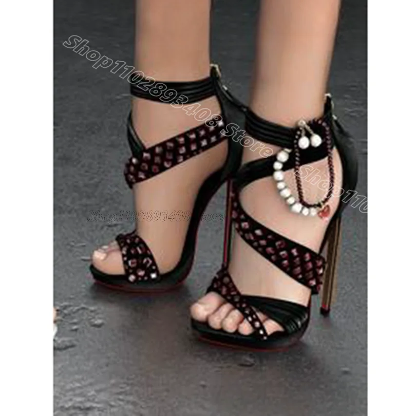 

Black Pearl Rivet Decor Sandals Cover Heels Back Zipper Open Toe British Style Women Summer Sexy Shoes 2024 Zapatos Para Mujere