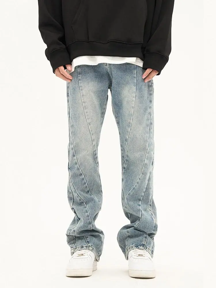 

Men's Spliced Flared Denim Pants Autumn Washed Distressed Five-Quarter Length Casual Straight Leg Trousers