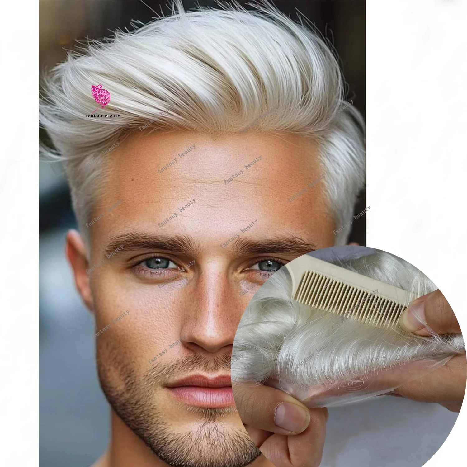 

Блондинка 60r # Ультратонкая мужская система замещения волос (тупе) 0.04-0.06 мм, незаметная, с естественной линией роста волос, 100% натуральные человеческие волосы, коричнево-серая.