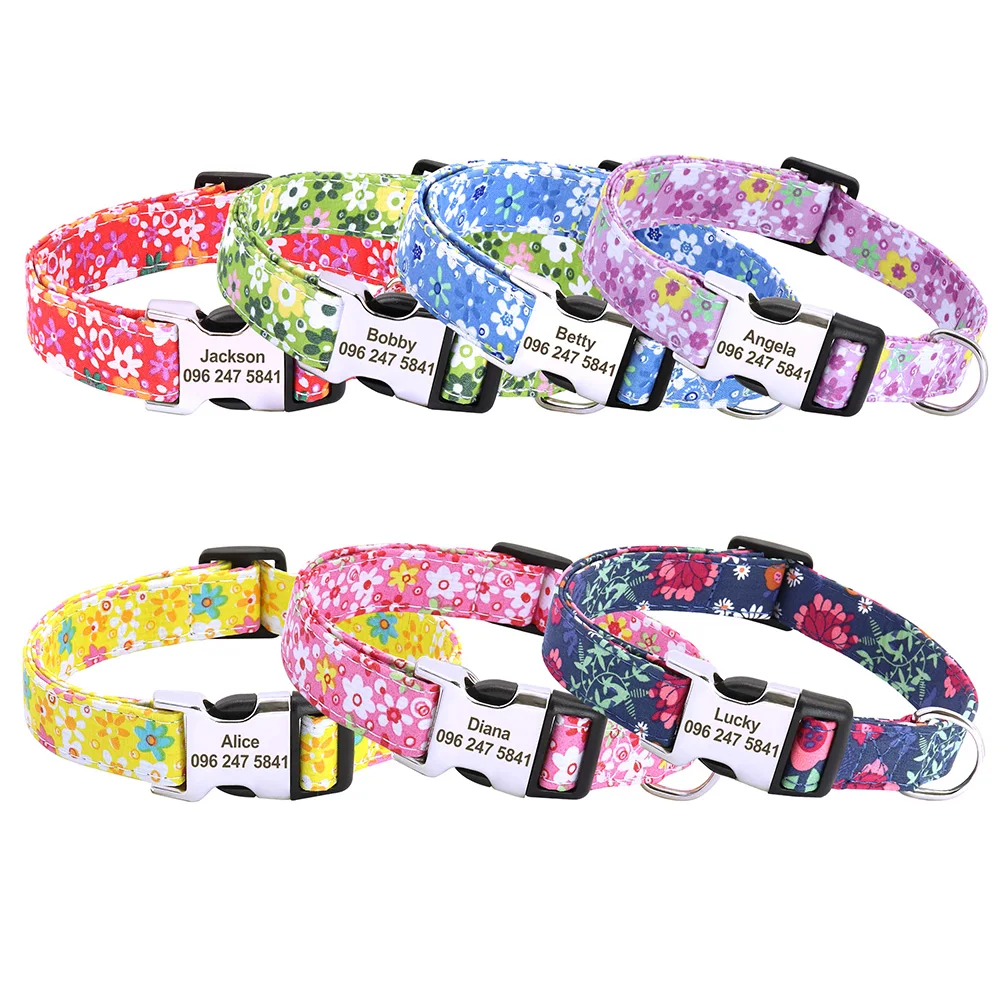 Nylon Printed Dog Collar Customized Dog Name Collars Personalized Pet Buckle Collar Free Engraved Pet Name Phone Number For Dogs