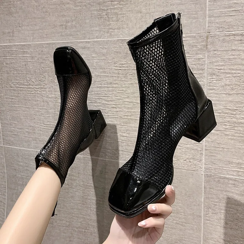 

2024 New Air Mesh Net Bling Women Shoes Summer Ankle Boots Thin High Heels Sexy Sandal Chelsea Boots Female Women Sandals