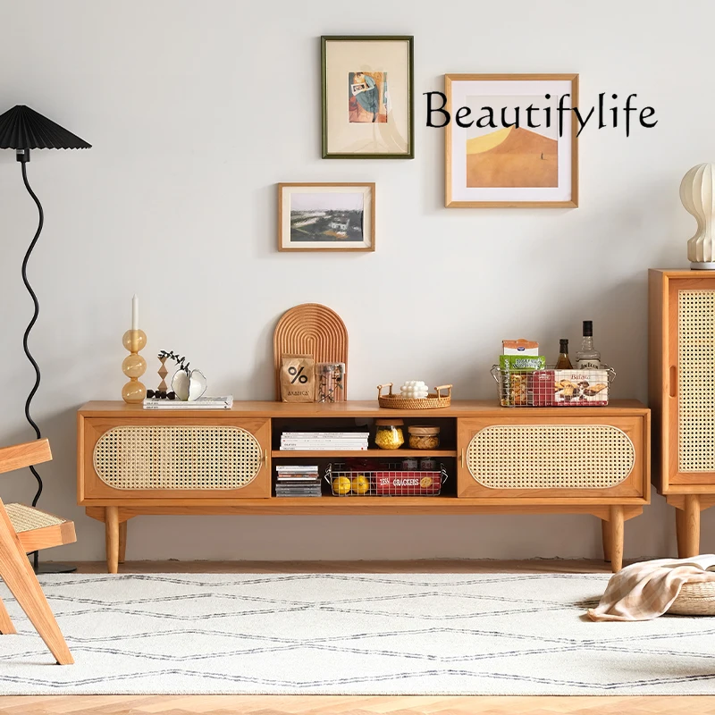 Japanese Rattan Solid Wood TV Cabinet Nordic Living Room Locker Simple and Modern Coffee Table Floor Cabinet