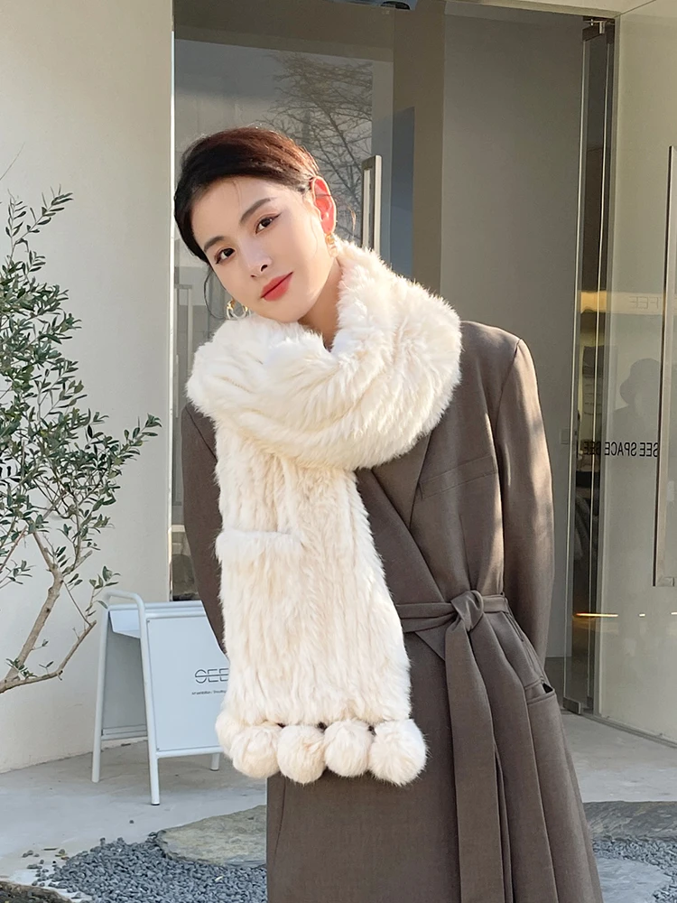 2022 New Women Knitted Rabbit Fur Scarf Shawl with Pocket Fur Balls Winter Warm Fur Wraps Mufflers Fashion Pashmina