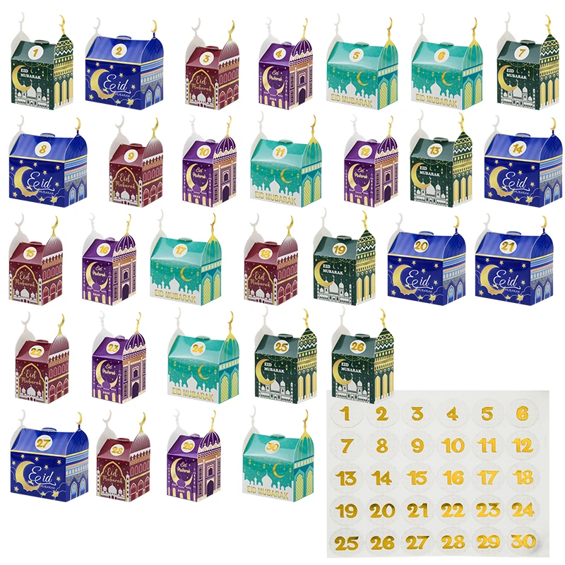 30PCS Ramdan Advent Calendar，30 Empty Boxes for 30 days, Eid Mubarak Coutdown Calendar Fillable Ramadan Gift Box