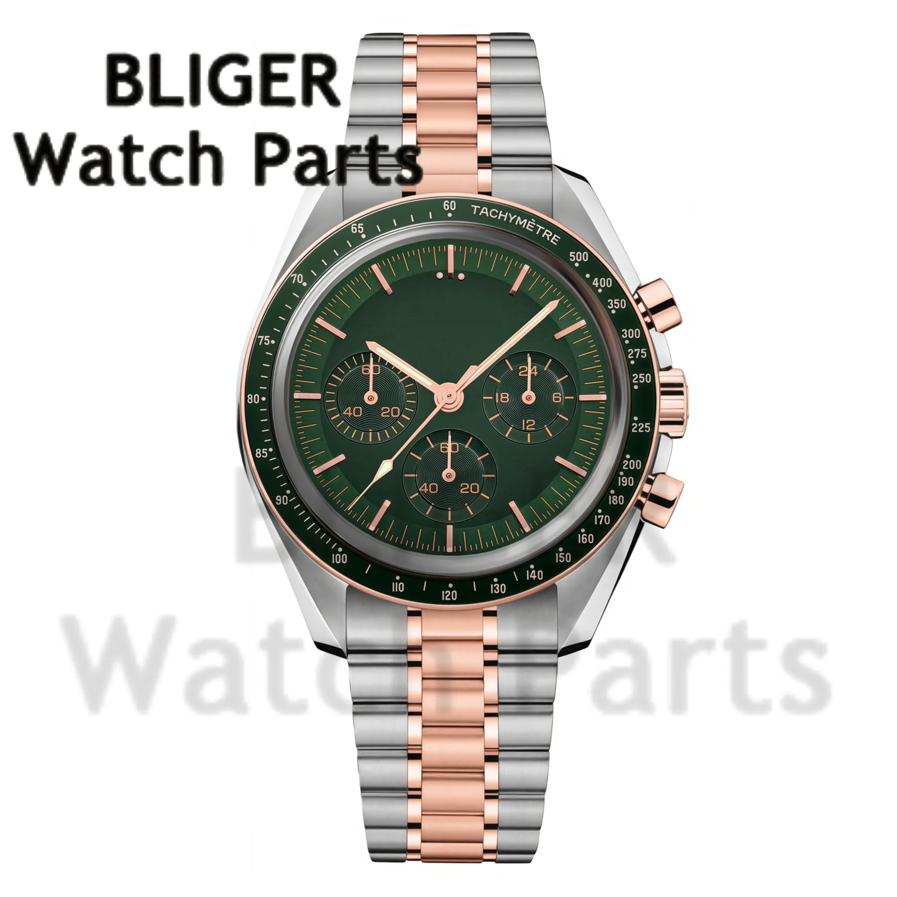 BLIGER Luxury Two Tone Rose Gold VK63 Speed Chronograph Watch For Men Quartz Moon Watch Sport Domed Mineral Glass 50M Waterproof