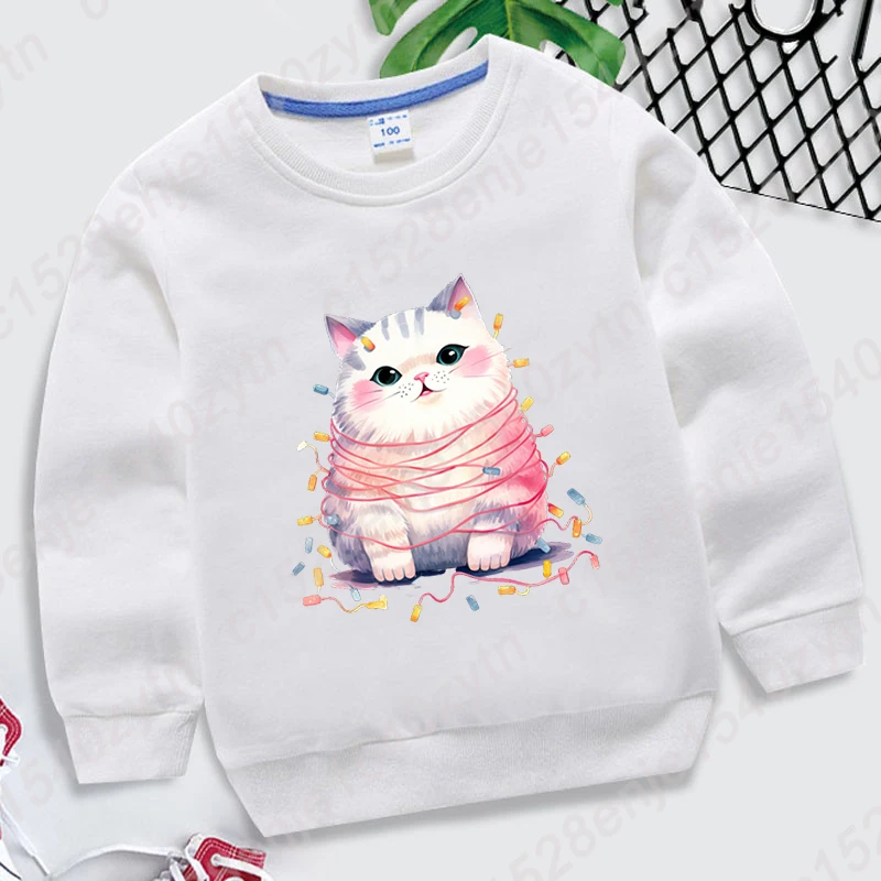 

Christmas Light Cat Print Sweatshirts O Neck Tops Children Boys Girls Pullovers Long-sleeved Autumn Casual Solid Color Pullovers