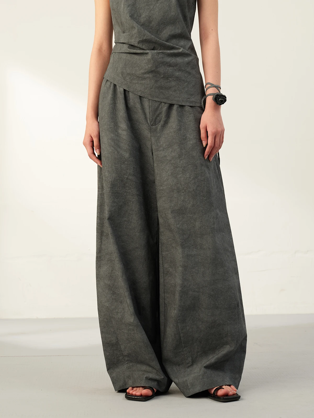 

Double Color Dyed Wide Leg Pants Loose Fit Comfortable l Waist Cotton Lazy Sle Casual Trousers for Young Girls