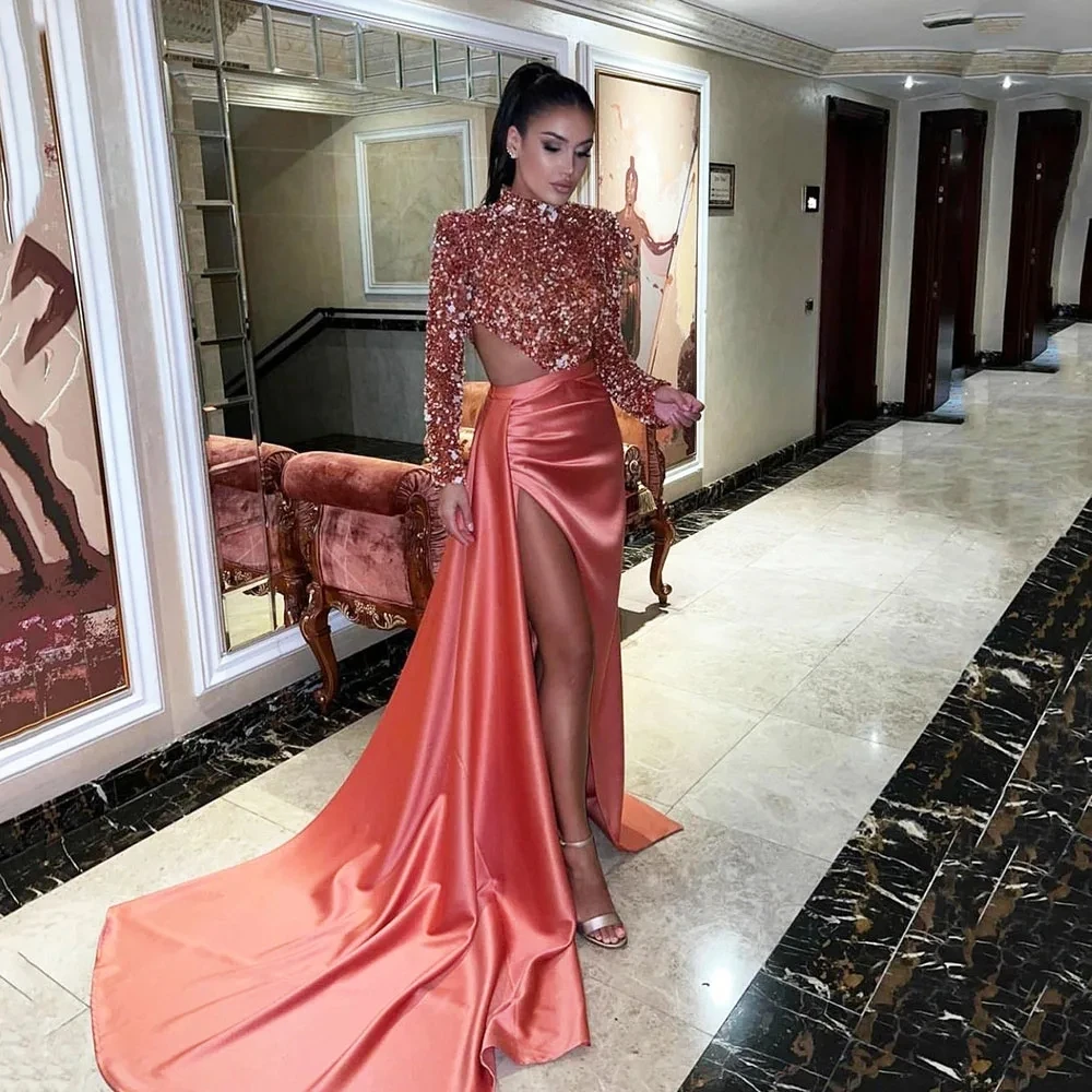 Elegant Pink Satin Sequin Mermaid Prom Dresses High Neck Long Sleeves Sexy Split Slit Pleats Dubai Evening Gown For Women