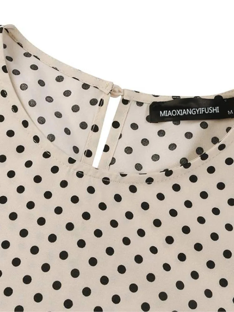 Woman's Polka Dot Print Loose Dress Fashion O-neck Long Sleeves Lace-up Robe Spring Autumn Lady Casual Super Large Hem Vestidos