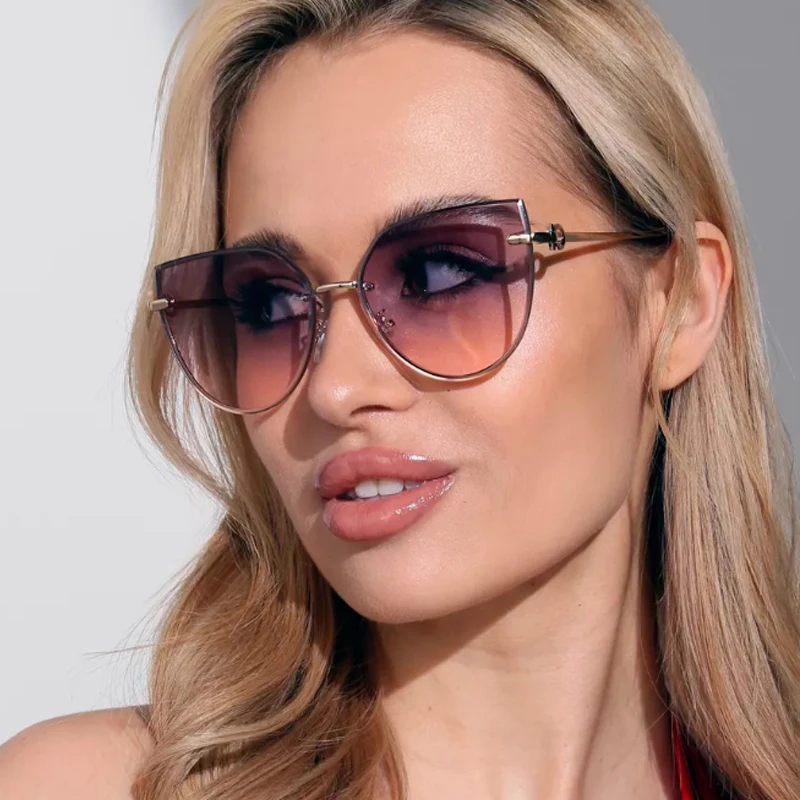2 قطعة العصرية بدون شفة المعادن القط العين النظارات الشمسية الإناث التدرج عدسة نظارات شمسية النساء خمر بدون شفة متعدد الألوان نظارات UV400 #3