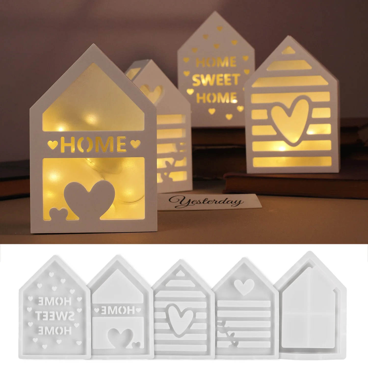 House Box Silicone Mold with Hollow Lid Storage Box Casting Mould Lamp Container Concrete Cement Plaster Jesmonite Craft Molds